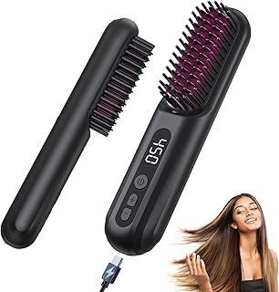 Cordless Hair Straightener Brush - Portable Straightening Comb For Travel - 30s Fast Heating,10000mAh Dual USB-C Rechargeable, 300 Million Negative Ions Smoother, Lightweight On-the-Go, Gift for Women