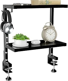 PUTORSEN 2-Tier Clamp-On Desk Shelf - Adjustable Height and Versatile Hook, Above or Under Desk Storage for Office & Gaming, Black