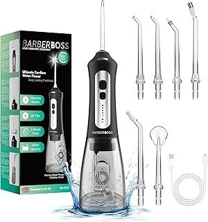 BarberBoss Water Flosser, Portable Oral Irrigator, Electric Tooth Flosser, Plaque Remover for Teeth, Dental Flosser, Teeth Cleaning Kit, Cordless Water Flossers for Gum Health, QR-7025 (Black)