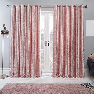 Sienna Crushed Velvet Eyelet Ring Top Pair of Fully Lined Curtains - Blush Pink, 66" x 72"