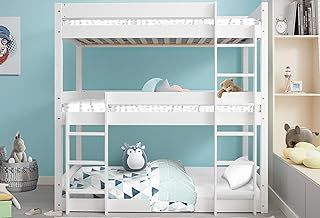 Triple Bed Bunk Beds, 3ft Triple Bunk Loft Bed, Sleeper Bunk Bed for Kids, Solid Pine Wooden Bed Frame for Kids Children Adults (White, L197 x W96 x H198cm)