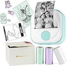 Phomemo Q02 Mini Printer, Inkless Sticker Printer for Study, Notes, Photos, Journals, Pocket Thermal Printer Compatible with Phone & Tablet, Portable Label Printer with 3 Rolls of Labels, Green