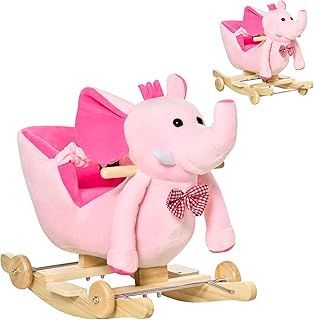 HOMCOM 2 In 1 Plush Baby Ride on Rocking Horse Elephant Rocker with Wheels Wooden Toy for Kids 32 Songs for 18+ Months (Pink)