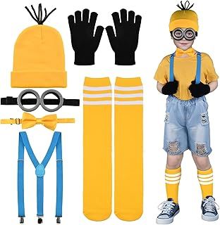 Yellow Costume for Kids World Book Day Costume Yellow Beanie Knit Hat, Steampunk Goggles Glasses, Bow Tie, Shoulder Strap, Stockings for Child Halloween World Book Day Costume Accessories