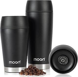 Moon 360° Travel Mugs - Leakproof Reusable Coffee Cup - Insulated Thermal Mug for Hot & Cold Drinks - Fits Car Cup Holders, Free Carry Bag (300ml, Black)