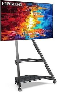 FITUEYES Corner TV Stand on Wheels with 2 Shelfs for 32 43 55 65 Inchs Floor TV Stand Art Screen Angle ±15° Adjustable Height 946-1076,5mm Max. Load 40KG for Home, Lounge, Conference