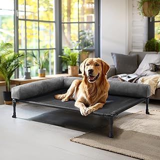Elevated Dog Bed with Removable Bolster, Raised Dog Bed Sofa Elevated Dogs Beds Portable Raised Pet Cot with 2 Side Bolster Washable Mesh, No-Slip Feet for Indoor Outdoor, Black 107x76x18cm