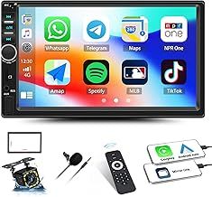 CAMECHO Double Din Car Stereo with CarPlay Android Auto, 7 Inch HD Touch Screen 2 Din Bluetooth Hands-free, FM Radio Mirror Link Voice Control EQ SWC USB/TF/AUX Input + Backup Camera Mic