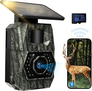 MAXDONE Wildlife Camera WiFi Bluetooth, 4K 64MP Solar Trail Camera with Night Vision Motion Activated Trail Cam 0.1s Trigger, IP66, Built-in 5200mAh Rechargeable Battery for Wildlife Monitoring