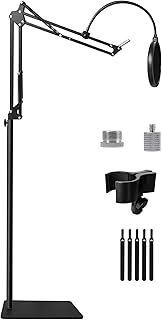 Mic Stand Floor Boom Arm for Blue Yeti, Nano, Snowball, HyperX QuadCast, Elgato Wave, Fifine Shure SM7B and More Mic, Floor Microphone Stand with 3/8" to 5/8" 1/4" Screw, Pop Filter, Mic Clip