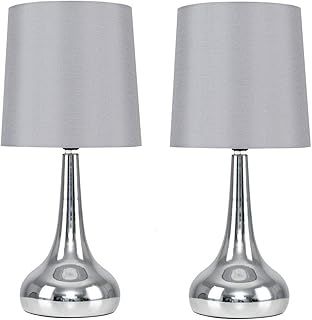 MiniSun | Modern Chrome Teardrop Touch Table Lamps with Grey Fabric Shades | Table Lamps, Home Décor & Improvement Essential | Set of 2