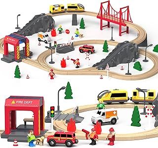 Giant bean Wooden Train Set 72 PCS, Wooden Train Tracks & Train Toys, Toddler Model Train Set, Toy Railway Kit for Kids Age 3 4 5 Year Old,Gift for Boys and Girls (Fire Station Theme)