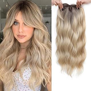 FINE PLUS Hair Topper For Women 20inch Long Wavy Curly Hair Topper Blonde with Dark Root Clip In Fringe Synthetic Wiglets Hair Pieces For Women