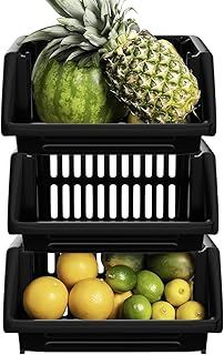 VR7 New Stackable Storage Drawers for Kitchen, Pantry, and Bathroom - Portable & Space-Saving Stacking Baskets Storage: Length 36cm x Depth 30cm x Height 17.5cm (Black, 3 rack)