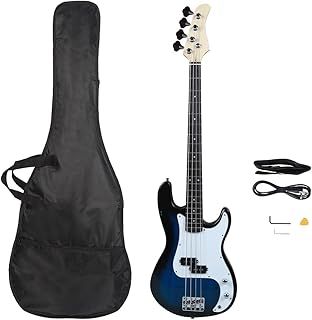 Bonnlo Electric Bass Guitar 4 Strings Full Size for Beginner Exquisite Basswood Burning Bass with Bag, Strap and Accessories (Dark Blue)