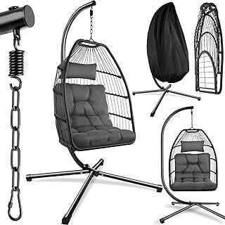 tectake® Luxurious Egg Chair with Stand, Thick Cushions, Polyrattan Weave, Rotatable & Height-Adjustable, Steel Frame, Incl. Protective Cover - Ideal Hammock Chair for Garden, Patio & Balcony - Grey