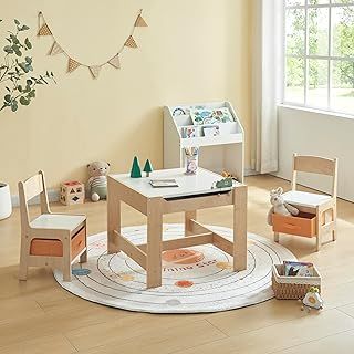 Set of 3, Kids Table and Chairs Set, Wooden Children Table and 2 Chairs Set for Preschoolers Boys and Girls Activity (Natural Wood)