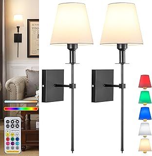 Battery Operated Wall Lights Set of 2，with Color Temperature Dimmable Remote Control，Battery Powered Non Hardwired Wall Lamp，for Bedroom Farmhouse Bedside Reading Light (Black)
