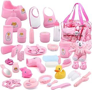 Baby Doll Accessories Set 40PCS Pretend Play Role Play Games Set with Baby Feeding Accessories, Bag, Doll Bear, Bath, Soother Dummy, and Much More-Nurturing Pretend Toy for Kids
