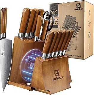 Kitchen Knife Sets with Block, Piklohas 15 Pieces Knife Sets with Magnetic Detachable Knife Holder, High Carbon Steel Damascus Pattern Chef Knife Set with Steak Knives, Ideal for House Warming Gift