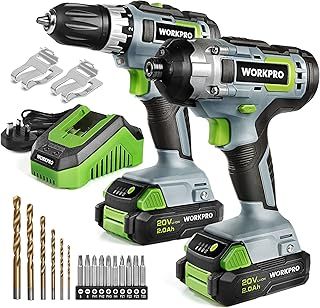 WORKPRO 20V Cordless Compact Drill Driver and Impact Driver, Combi Drill Including 2 x 2.0 Ah Li-ion Batteries, 1 Hour Fast Charger, 6 PCS Twist Drill Bits 10PC Screwdriver Bits