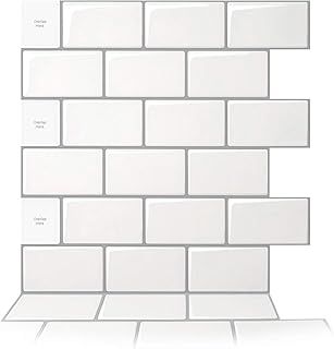 Art3d 10-Sheet Peel and Stick Backsplash Tiles, 12"x12" Subway 3D Wall Panels for Kitchen and Bathroom, Mono White with Gray Grout