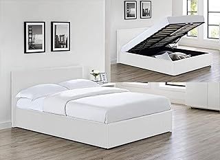 MODERNIQUE® Bilancio Ottoman Storage White Faux_Leather King Sized (5FT) Bounce Sprung Slats Base, Gas Lift up End Up Fabric Covered Floor Massive Storage Bed (White, King (5FT)