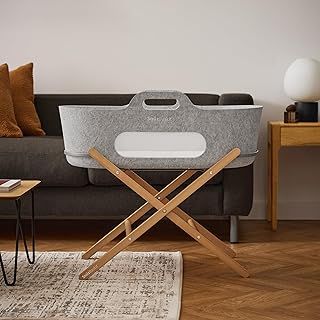 SnuzBaskit, Moses Basket with Mattress & Stand, Lightweight Bassinet Set for Newborn Babies aged Up To 6 Months, Stylish & Versatile Design for Home or Travel, Light Grey & Natural