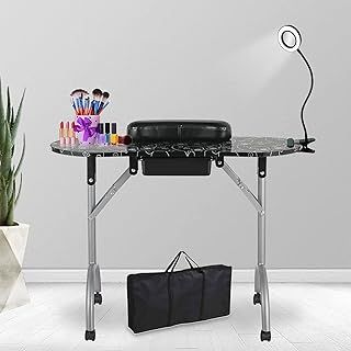 LEIBOU Professional 36''L Portable & Foldable Manicure Table Nail Technician Desk Workstation Manicure Table with Magnifier USB LED,Rolling Wheels,Drawer,Sponge,Free Carrying bag (Black)