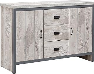GFW Boston Sideboard Unit With 3 Storage Drawers & 2 Door Storage Cabinets & Adjustable shelves, Contemporary Grey Wooden Oak Sideboards For Living room, Kitchen, Bathroom, 113W x 39D x 74.6H cm