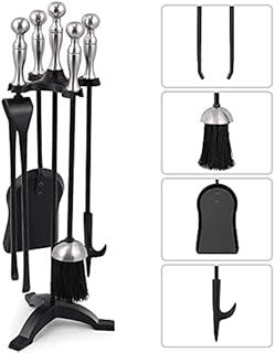 Amagabeli 5 Pieces Fireside Companion Set Wrought Iron Fireplace Wood Burner Accessories Tools Sets Indoor Fire Poker Brush Shovel Tongs Silver Handle with Stand