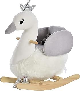 HOMCOM Kids Children Rocking Horse Plush Ride On Swan w/Sound Wood Base Seat Safety Belt Toddler Baby Toy Rocker 18-36 Months