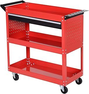 DURHAND 3-Tier Tool Trolley Cart Storage Shelf Roller Cabinet DIY Box Garage Workshop with Drawer Red