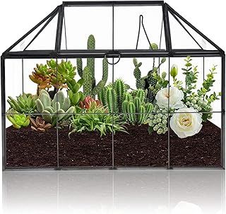 Homtone 23cm Large Geometric Terrarium Planter, House Shape Black Handmade Glass Box, Vintage Tabletop Miniature Flower Pot for Succulent, Cacti, Air Plants (Black House Shape)