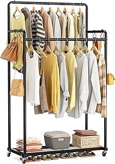 HOMIDEC Clothes Rail,Metal Clothes Rack with Hooks, Double Rads Heavy Duty Clothing Rail for Bedroom,Portable Clothing Rack Clothes Storage Shelf,Hold up to 80 kg,Blcak