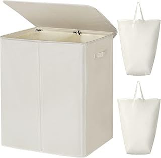 Chrislley 154L Double Laundry Basket with lid and Removable Laundry Bags Large Collapsible 2 Dividers washing basket with Handles for Bedroom Laundry Room Closet Bathroom College (Beige)