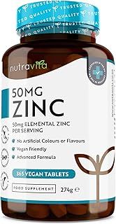 Zinc Tablets 50mg – 365 Vegan Tablets for 6 Months Supply – Zinc Supplement High Strength for Maintenance of Normal Immune System, Bones, Hair, Skin & Nails – Made in The UK by Nutravita