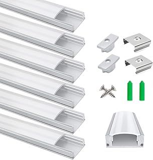LightingWill 6-Pack LED Aluminum Profile, 3.3ft/1Meter LED Aluminum Channel Silver U-Shape LED Diffuser with Milky White Cover, End Caps and Mounting Clips for LED Strip Lights