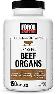 FORCE FACTOR Primal Origins Beef Organ Supplement Made with Pasture-Raised, Grass Fed & Including Beef Liver, Kidney, Heart, Pancreas, & Spleen, Hormone Free, Non-GMO, 150 Capsules
