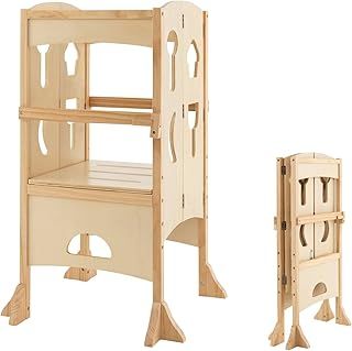 Folding Kids Step Stool, Wooden Standing Tower with Height-Adjustable Platform, 4-Sided Guardrails & Safety Latches, Toddlers Kitchen Helper for Bathroom, Dining Room (Natural)