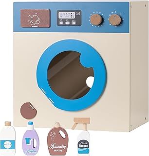 Navaris Toy Washing Machine & Laundry Set - Wooden Montessori Playset for Children - Encourages Imaginative Role-Play w Realistic Design & Accessories - Toddlers & Kids 3 Years+