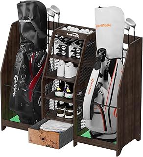 Ponsonbay Wooden Golf Bag Organizer for Garage Easy Assembled Golf Bag Storage Rack Extra Golf Storage Rack Holds 2 Golf Bags, 12 Golf Club Stands Suitable for Basement, Simulator Room Etc