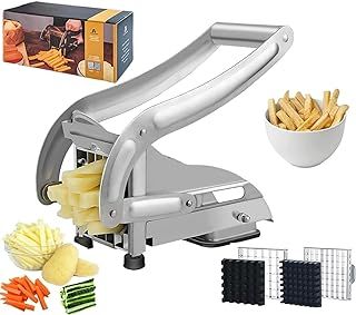 Chip Cutter,French Fry Cutter, Stainless Steel Potato Cutter, Potato Slicer, Includes 2 Blade Size Cutter Options and No-Slip Suction Base