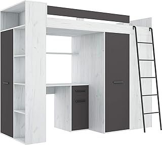 High Sleeper Bed with Desk, Wardrobe and Bookcase - Space Saving Loft Bed for Kids/Children (236x120x190 cm) - 90x200 cm Mattress Size - Right Hand-side Ladder - VERANA (Artisan Oak / Blue)