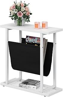 Jehiatek Narrow Side Table with Fabric Storage Organizer Holder, Small Sofa End Table, Bedside Slim Side Tables for Living Room, Bedroom, Space Saving, White