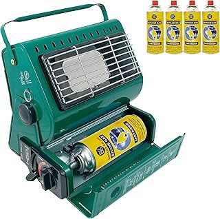 Portable Gas Heater + 4 Butane Gas Bottles Canisters - For Outdoor Camping, Hiking, Fishing, Caravan & Skiing Trips - Emergency, Safety Grill, Auto Ignition, Carry Handle & Temp Control