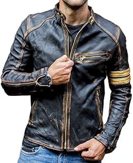 Mens Real Leather Biker Cafe Racer Vintage Motorcycle Distressed Black Genuine Leather Jacket