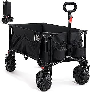 Festival Trolley Detachable Big Wheels 135L Capacity Collapsible Folding Wagon for Camping Beach Garden Picnic Shopping, 100kg Heavy Duty Cart with Adjustable Handle & Cover Bag, Black