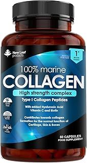 Pure Marine Collagen 100% Marine Collagen Type 1 Hydrolysed Collagen Peptides Enhanced with Hyaluronic Acid & Vitamin C -Essential Amino Acids - Collagen Supplements for Women and Men, 60 Capsules