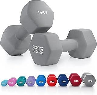 Core Balance Dumbbell Pair Hex Weight Neoprene Coated Cast Iron Strength Training (2 x 1kg, 2kg, 3kg, 4kg, 5kg, 6kg, 7kg, 8kg, or 10kg)